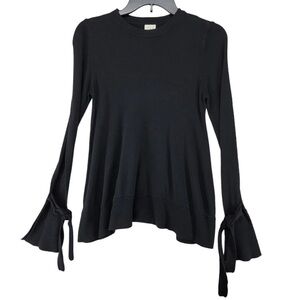 A New Day L Black Crewneck Sweater with Split Bell Sleeve Tie Detail